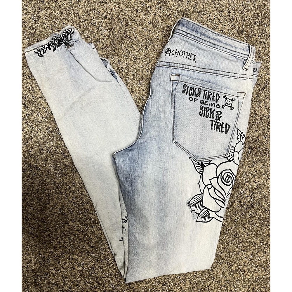 Rogue Jeans‎ Mens 32x32 Blue Light Wash Skinny Slim Tattoo Skull Rose Punk Ink